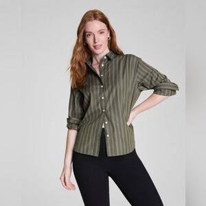 Spanx Olive Striped Button Down Shirt Size Large Oversized Cotton Blouse